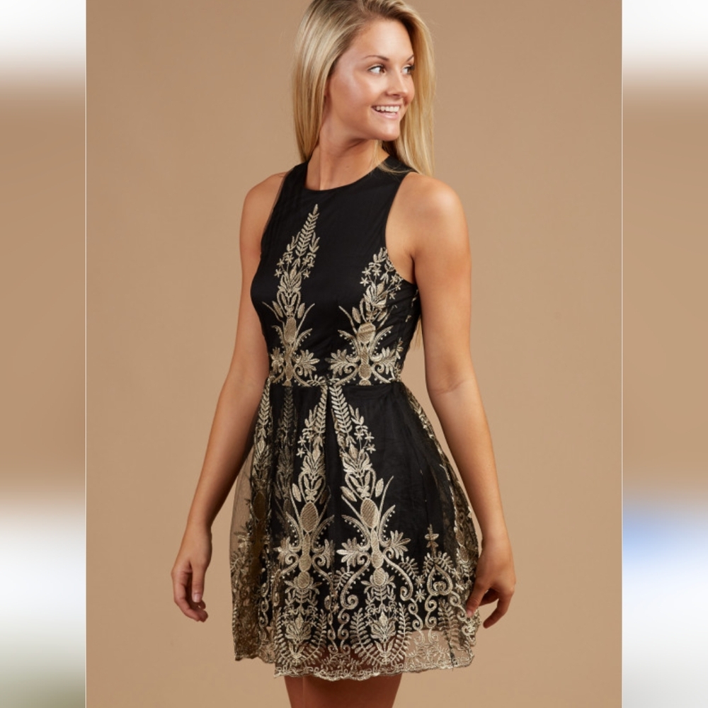Altar'd State Black and Gold Embroidered Dress